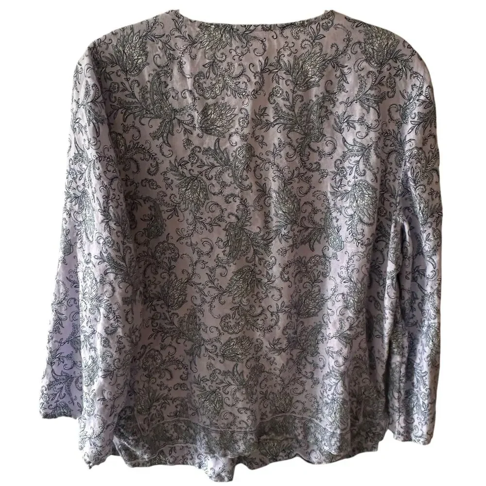 J. Jill Love Linen Boxy Top Womens Medium Lavender Paisley Floral V-Neck Coastal